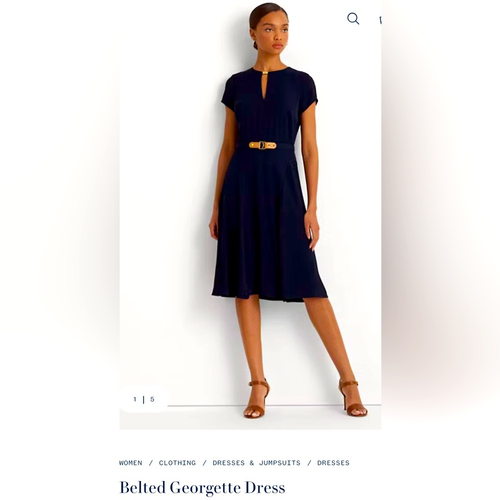 Ralph Lauren Belted Georgette Dress with Plunge Neckline